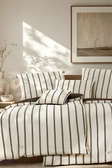 Pościel Perkalowa Bawełniana LINE Beżowa w Brązowe Paski (220x200 cm)