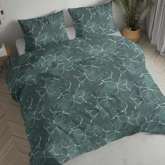 Pościel flanelowa 160x200 ciemnoturkusowa rysowane kwiaty