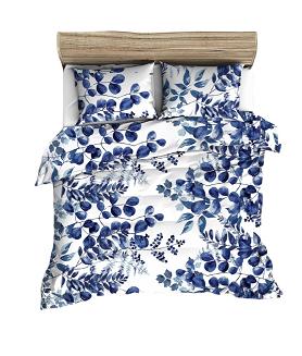 Pościel bawełniana 160x200 biała niebieska granatowa listki na gałązkach