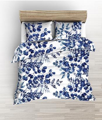 Pościel bawełniana 160x200 biała niebieska granatowa listki na gałązkach