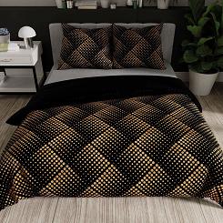 Komplet pościeli LUXE z bawełny satynowej 220x200 czarna złotobeżowa grochy kwadraty