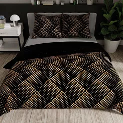 Komplet pościeli LUXE z bawełny satynowej 220x200 czarna złotobeżowa grochy kwadraty