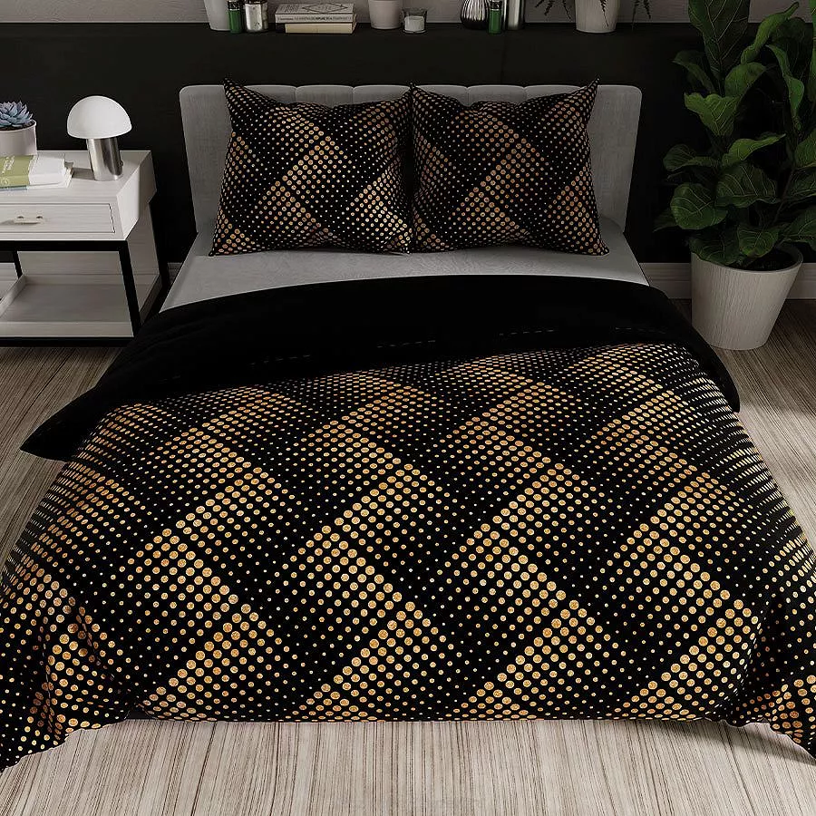 Komplet pościeli LUXE z bawełny satynowej 220x200 czarna złotobeżowa grochy kwadraty