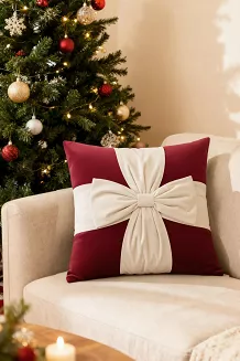 Poszewka dekoracyjna świąteczna 45x45 Christmas Bow welurowa czerwona z białą kokardą
