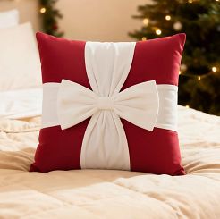 Poszewka dekoracyjna świąteczna 45x45 Christmas Bow welurowa czerwona z białą kokardą