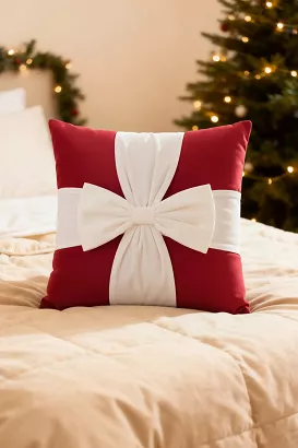 Poszewka dekoracyjna świąteczna 45x45 Christmas Bow welurowa czerwona z białą kokardą