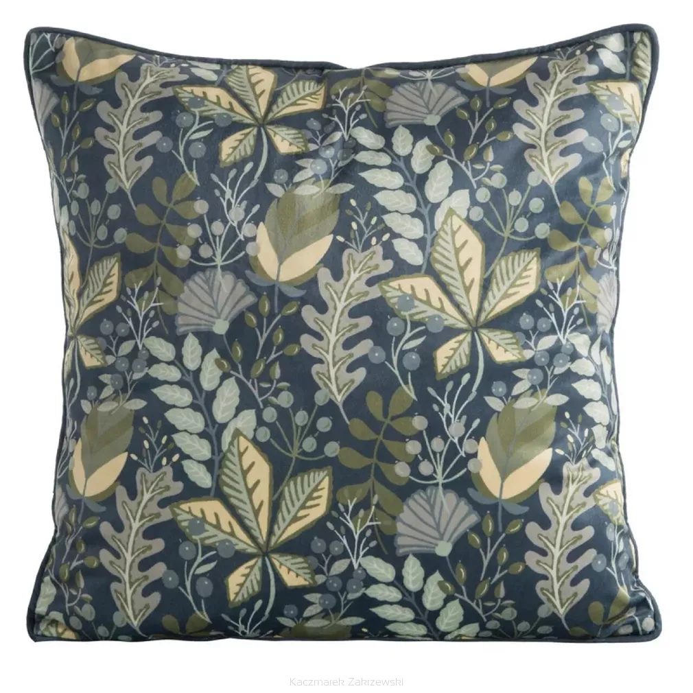 Poszewka dekoracyjna VELVET 45x45 Eurofirany granatowo zielona w liście