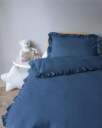 Pościel bawełniana dziecięca z falbanką 100x135 Pure jednobarwna denim blue