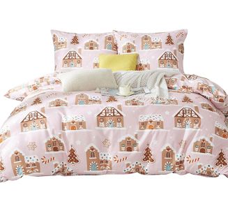 Pościel świąteczna Gingerhouse 160x200 pudrowa miodowa w domki z piernika
