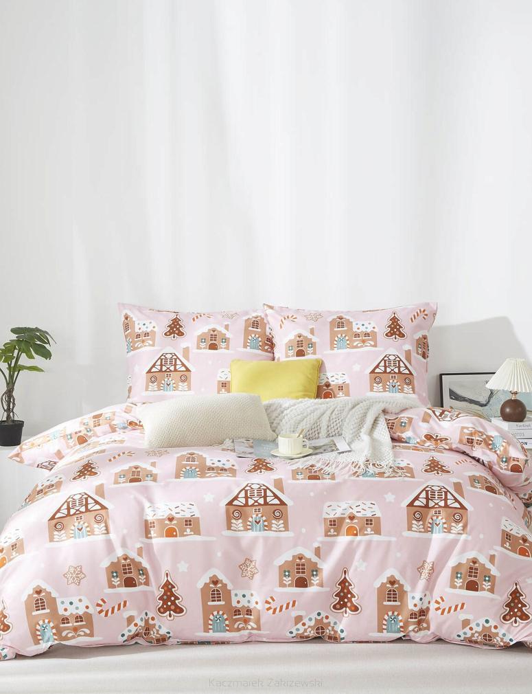 Pudrowa Świąteczna Pościel z Mikrofibry z Nadrukiem 160x200 Gingerhouse