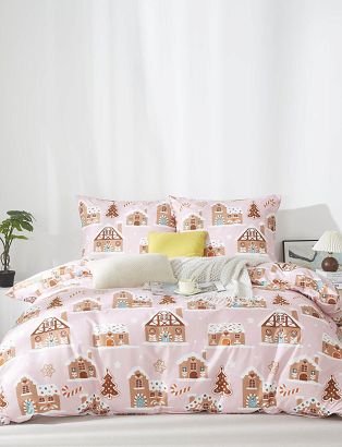Pościel świąteczna Gingerhouse 160x200 pudrowa miodowa w domki z piernika