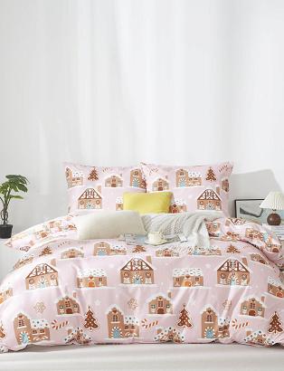 Pościel świąteczna Gingerhouse 160x200 pudrowa miodowa w domki z piernika