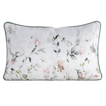 Poszewka dekoracyjna z wypełnieniem INEZ 45x30 Eurofirany biała zielona dwustronna botaniczny nadruk ptaszki