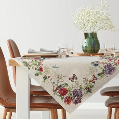 Obrus dekoracyjny gobelin SPRING 100x100 Eurofirany naturalny czerwony kwiaty motyle