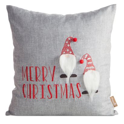 Poszewka dekoracyjna świąteczna 45x45 Eurofirany srebrna czerwona dwa skrzaty napis Merry Christmas