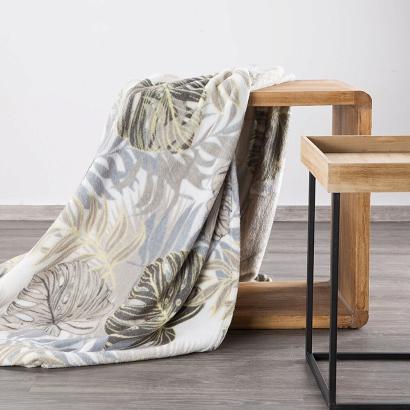 Koc narzuta KORFU 150x200 Design91 biały beżowy szary motyw roślinny liście