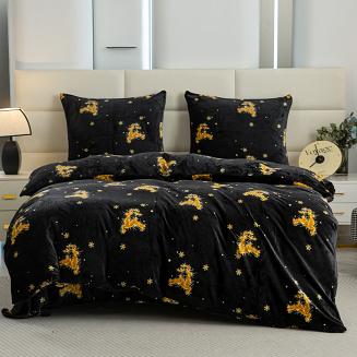 Pościel polarowa XmasCozy 140x200 welur świąteczna czarna w złote renifery