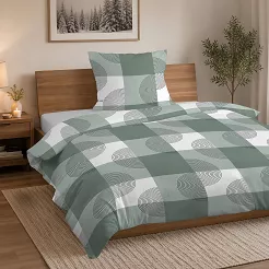 Pościel flanelowa 140x200 biała zielona krata zawijasy