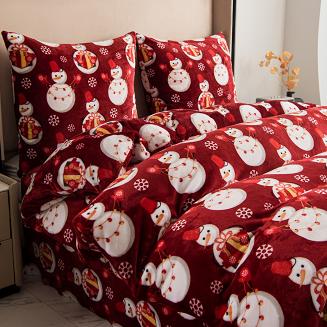 Pościel polarowa XmasCozy 220x200 welur świąteczna czerwona prezentowe bałwanki i śnieżynki