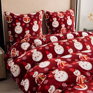 Pościel polarowa XmasCozy 220x200 welur świąteczna czerwona prezentowe bałwanki i śnieżynki