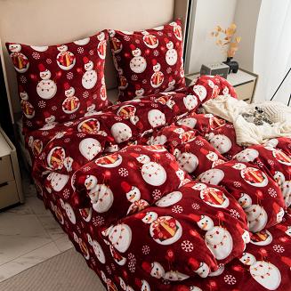 Pościel polarowa XmasCozy 220x200 welur świąteczna czerwona prezentowe bałwanki i śnieżynki