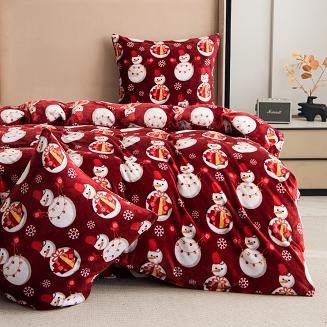 Pościel polarowa XmasCozy 220x200 welur świąteczna czerwona prezentowe bałwanki i śnieżynki