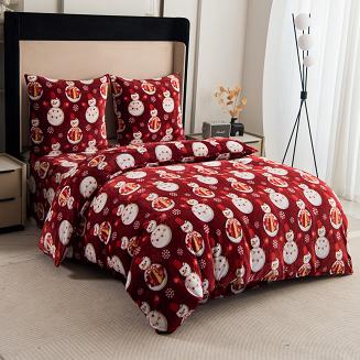 Pościel polarowa XmasCozy 220x200 welur świąteczna czerwona prezentowe bałwanki i śnieżynki