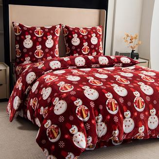 Pościel polarowa XmasCozy 220x200 welur świąteczna czerwona prezentowe bałwanki i śnieżynki