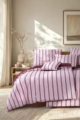Pościel Perkalowa Bawełniana LINE 220x200 Różowa w Burgundowe Paski