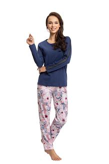 Piżama damska LUNA kod 615 granatowa z rękawami z koronką / pastelowe kwiaty