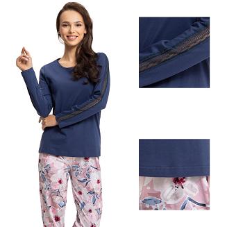 Piżama damska LUNA kod 615 granatowa z rękawami z koronką / pastelowe kwiaty