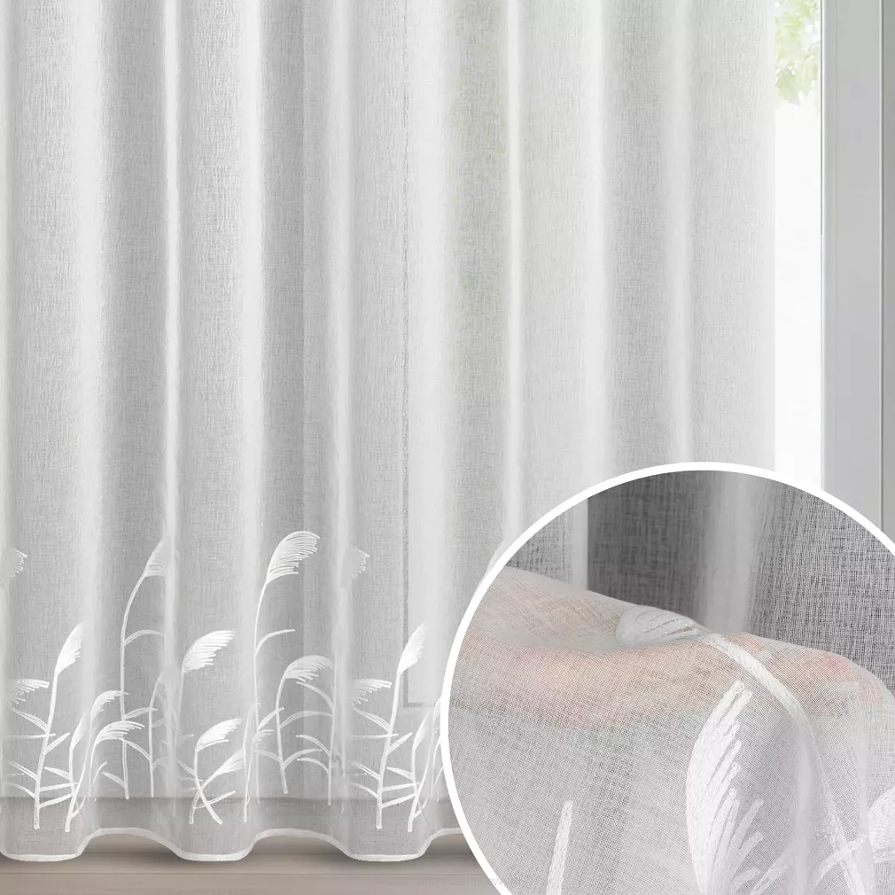 Firana gotowa na przelotkach TASHA 400x250 Eurofirany biała z etaminy haft roślinny trawy