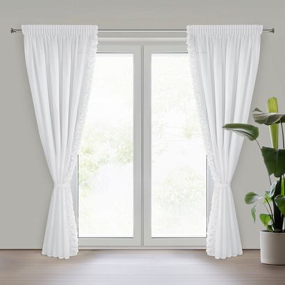 Komplet firan gotowych z szyfonu na taśmie ROSES 140x270 Eva Minge Eurofirany biała pas róż na boku