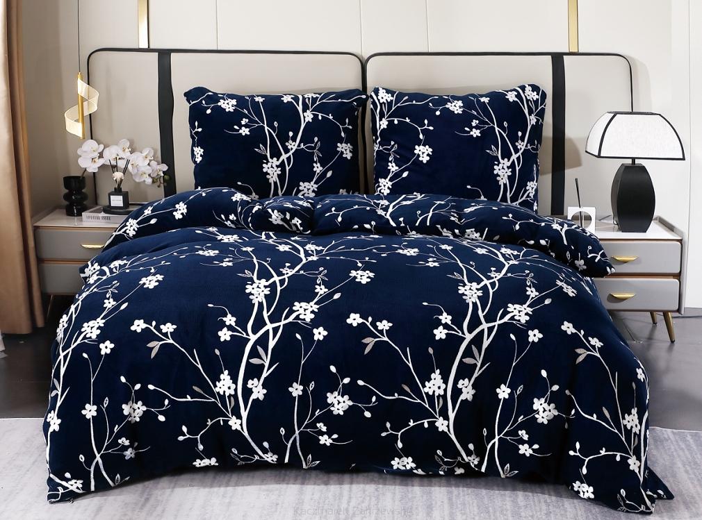 Pościel polarowa 160x200 welur granatowa biała gałązki