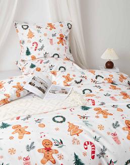 Biała Świąteczna Pościel z Mikrofibry z Nadrukiem 140x200 Gingerbread