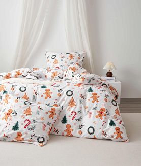 Biała Świąteczna Pościel z Mikrofibry z Nadrukiem 140x200 Gingerbread