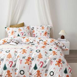 Biała Świąteczna Pościel z Mikrofibry z Nadrukiem 140x200 Gingerbread