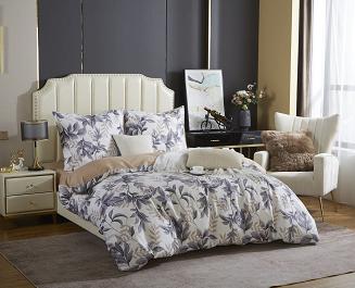 Ecru Pościel w Liście Satyna Bawełniana 220x200 Y013