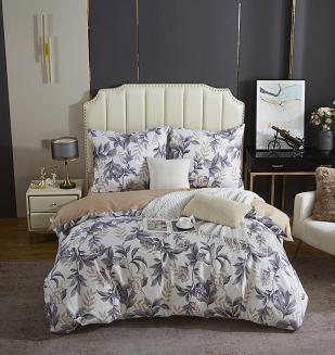 Ecru Pościel w Liście Satyna Bawełniana 220x200 Y013