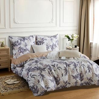 Ecru Pościel w Liście Satyna Bawełniana 220x200 Y013