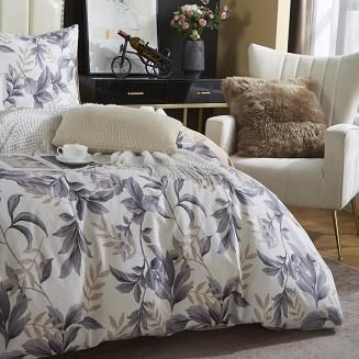 Ecru Pościel w Liście Satyna Bawełniana 220x200 Y013