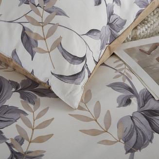 Ecru Pościel w Liście Satyna Bawełniana 220x200 Y013