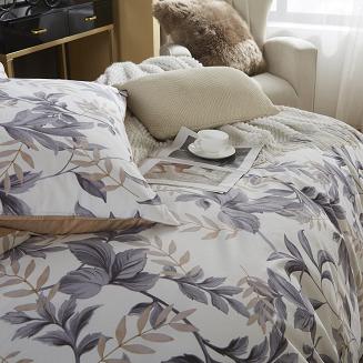 Ecru Pościel w Liście Satyna Bawełniana 220x200 Y013