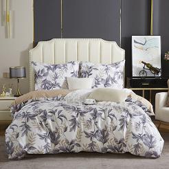 Ecru Pościel w Liście Satyna Bawełniana 220x200 Y013