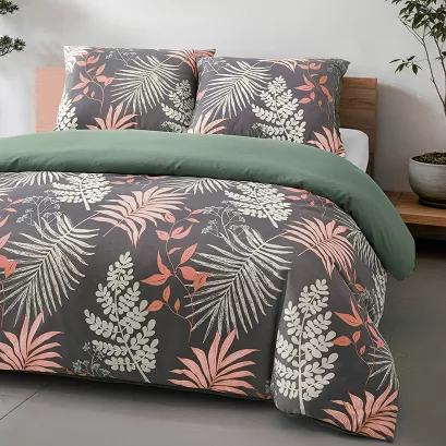 Komplet pościeli TROPINA z bawełny satynowej 160x200 grafitowa zielona tropikalne liście