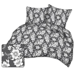 Pościel z kory 200x220 wzór białe kwiaty | grafitowe tło