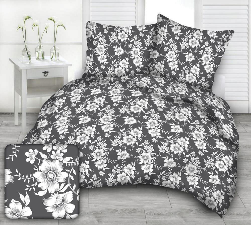 Pościel z kory 200x220 wzór białe kwiaty | grafitowe tło