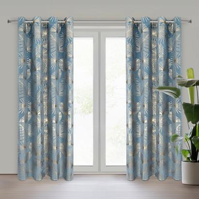 Zasłona gotowa na przelotkach ARIA 135x250 Eurofirany welwetowa niebieska szampańska liście