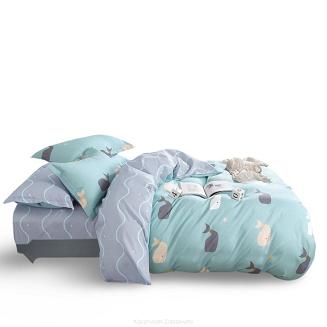 Pościel satynowa z prześcieradłem 160x200 turkusowa szara delfiny morskie fale