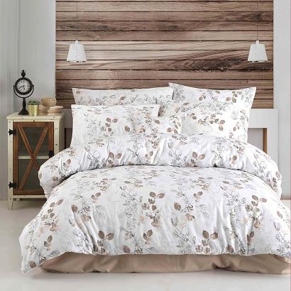Pościel satyna bawełniana SATYNLOVE 140x200 biała w beżowe brązowe listki